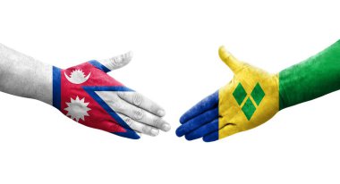 Saint Vincent Grenadines ve Nepal bayrakları arasındaki el sıkışma, izole şeffaf görüntü.