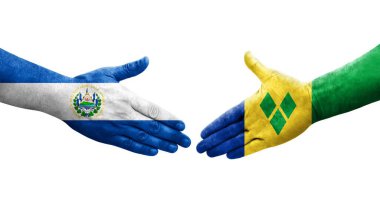 Saint Vincent Grenadines ve El Salvador bayrakları arasındaki el sıkışma, izole şeffaf görüntü.