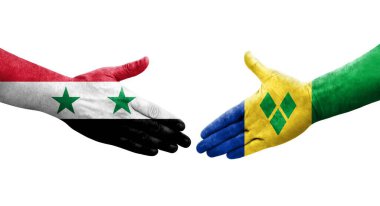 Saint Vincent Grenadines ve Suriye bayrakları arasındaki el sıkışma, izole şeffaf görüntü.