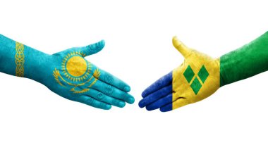 Saint Vincent Grenadines ve Kazakistan bayrakları arasındaki el sıkışma, izole şeffaf görüntü.