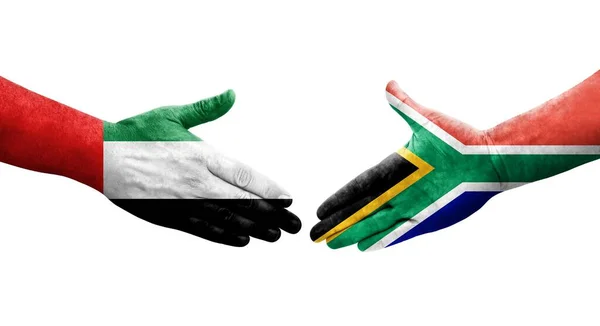 Poignée Main Entre Afrique Sud Les Émirats Arabes Unis Drapeaux — Photo