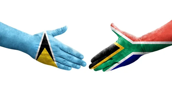 Stretta Mano Tra Sudafrica Santa Lucia Bandiere Dipinte Mani Isolata — Foto Stock