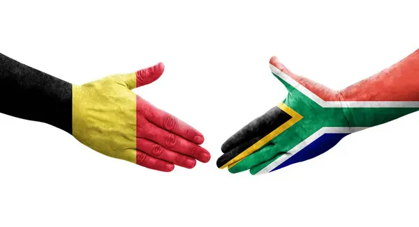 Strângere Mână Între Africa Sud Belgia Steaguri Pictate Mâini Imagine — Fotografie, imagine de stoc