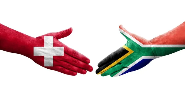 Uścisk Dłoni Między Republiką Południowej Afryki Szwajcarią Flagi Malowane Rękach — Zdjęcie stockowe