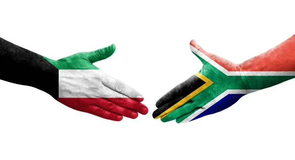 Güney Afrika Kuveyt Bayrakları Arasındaki Tokalaşma Elleri Boyalı Izole Şeffaf — Stok fotoğraf