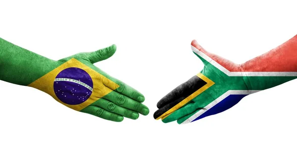 Poignée Main Entre Afrique Sud Brésil Drapeaux Peints Sur Les — Photo