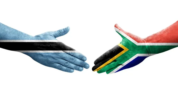 Aperto Mão Entre África Sul Bandeiras Botsuana Pintadas Mãos Imagem — Fotografia de Stock
