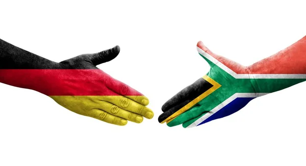 Handdruk Tussen Zuid Afrika Duitsland Vlaggen Geschilderd Handen Geïsoleerd Transparant — Stockfoto