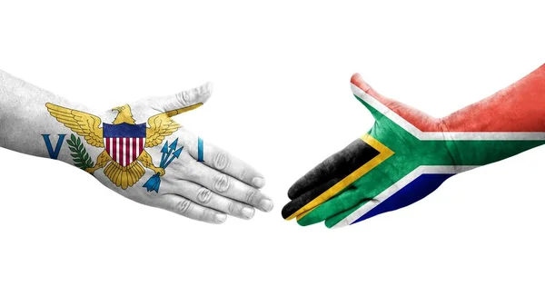 Potřesení Rukou Mezi Jihoafrickou Republikou Vlajkami Panenských Ostrovů Namalovanými Rukou — Stock fotografie