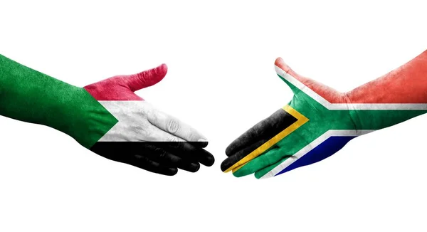 Handslag Mellan Sydafrika Och Sudan Flaggor Målade Händer Isolerad Transparent — Stockfoto