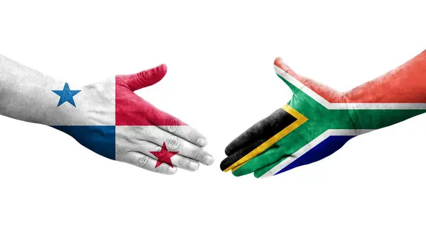 Рукостискання Між Південною Африкою Панамою Намальоване Руках Ізольоване Прозоре Зображення — стокове фото