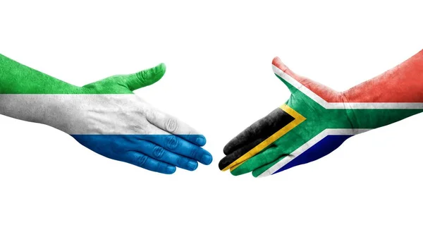 Handdruk Tussen Zuid Afrika Sierra Leone Vlaggen Geschilderd Handen Geïsoleerd — Stockfoto