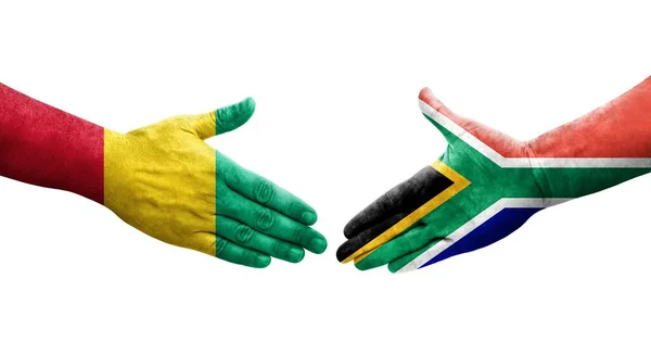 Poignée Main Entre Afrique Sud Guinée Drapeaux Peints Sur Les — Photo