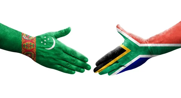 Handdruk Tussen Zuid Afrika Turkmenistan Vlaggen Geschilderd Handen Geïsoleerd Transparant — Stockfoto