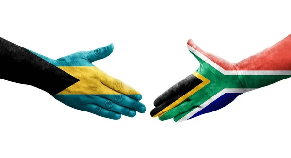 Рукостискання Між Південною Африкою Багамськими Прапорами Намальоване Руках Ізольоване Прозоре — стокове фото