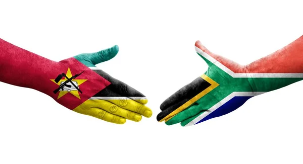 Serrer Main Entre Afrique Sud Mozambique Drapeaux Peints Sur Les — Photo