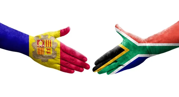Handdruk Tussen Zuid Afrika Andorra Vlaggen Geschilderd Handen Geïsoleerd Transparant — Stockfoto