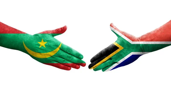 Рукостискання Між Південною Африкою Прапорами Мавританії Намальоване Руках Ізольоване Прозоре — стокове фото