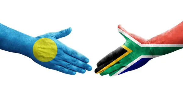 Poignée Main Entre Les Drapeaux Sud Africains Palaos Peints Sur — Photo