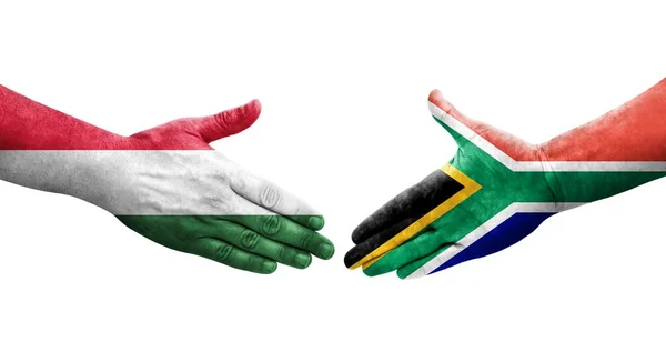 Poignée Main Entre Afrique Sud Hongrie Drapeaux Peints Sur Les — Photo