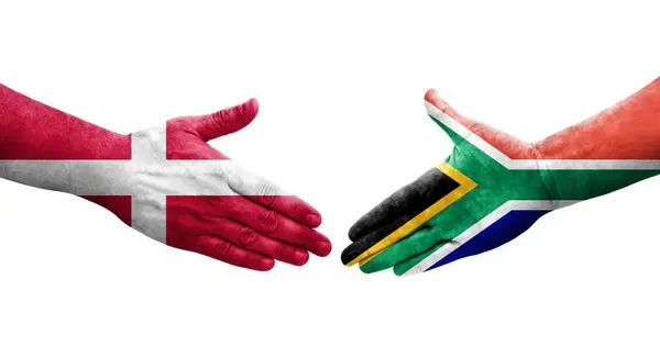 南非和丹麦之间握手 手绘国旗 孤立透明的图像 — 图库照片