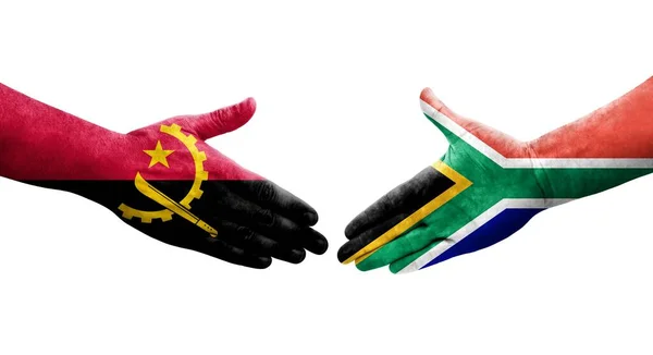 Stretta Mano Tra Sudafrica Angola Bandiere Dipinte Mani Immagine Isolata — Foto Stock