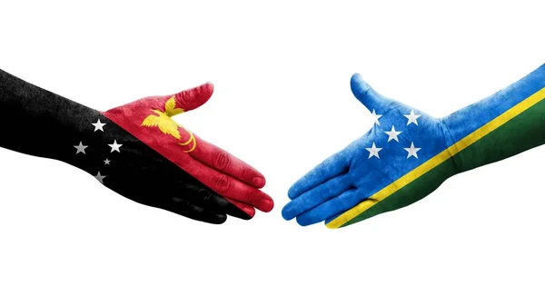 Handshake Entre Ilhas Salomão Papua Nova Guiné Bandeiras Pintadas Mãos — Fotografia de Stock