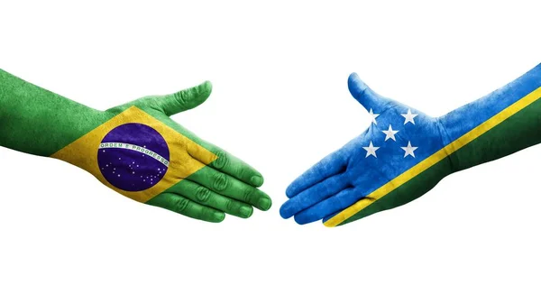 Apretón Manos Entre Las Islas Salomón Brasil Banderas Pintadas Las — Foto de Stock