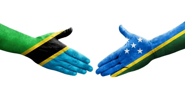 Aperto Mão Entre Ilhas Salomão Bandeiras Tanzânia Pintadas Mãos Imagem — Fotografia de Stock