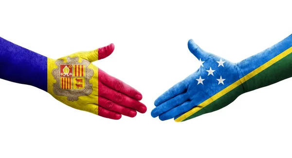 所罗门群岛和安道尔国旗之间的握手手绘 孤立透明的图像 — 图库照片