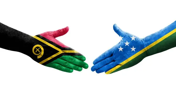 Aperto Mão Entre Ilhas Salomão Bandeiras Vanuatu Pintadas Mãos Imagem — Fotografia de Stock