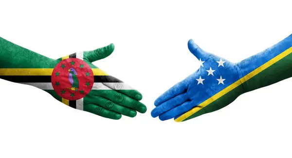 Handshake Entre Ilhas Salomão Dominica Bandeiras Pintadas Mãos Imagem Transparente — Fotografia de Stock