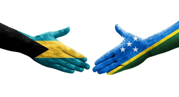 Aperto Mão Entre Ilhas Salomão Bahamas Bandeiras Pintadas Mãos Imagem — Fotografia de Stock