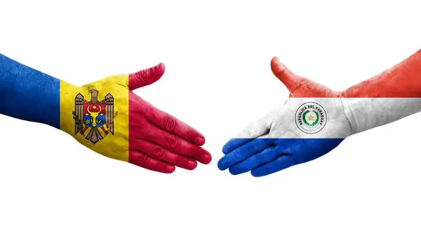 stock image Handshake between Paraguay and Moldova flags painted on hands, isolated transparent image.