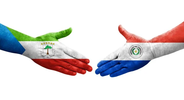 Рукостискання Між Прапорами Парагваю Екваторіальної Гвінеї Намальоване Руках Ізольоване Прозоре — стокове фото