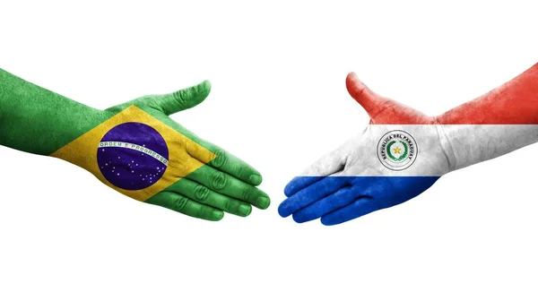 Apretón Manos Entre Paraguay Brasil Banderas Pintadas Las Manos Imagen — Foto de Stock