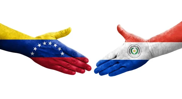 Handslag Mellan Paraguay Och Venezuela Flaggor Målade Händer Isolerad Transparent — Stockfoto