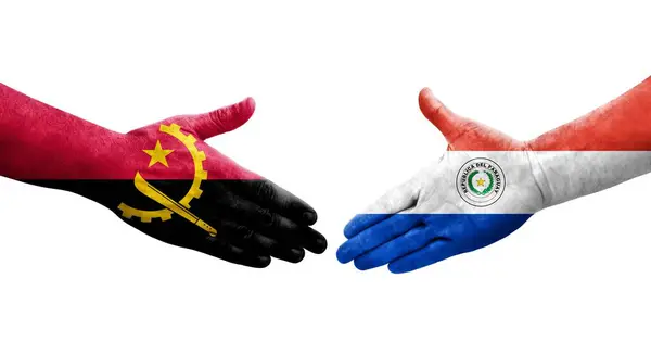 Aperto Mão Entre Paraguai Angola Bandeiras Pintadas Mãos Imagem Transparente — Fotografia de Stock