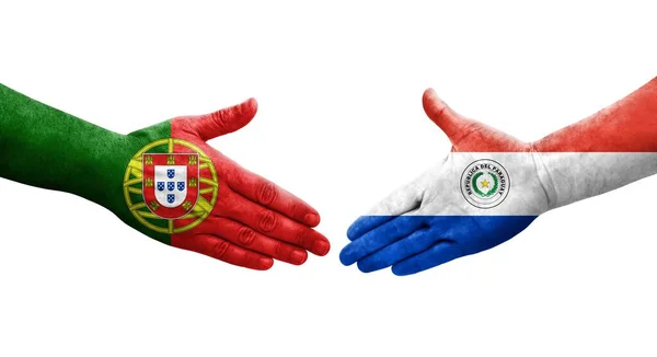 Händedruck Zwischen Flaggen Paraguays Und Portugals Auf Hände Gemalt Isoliertes — Stockfoto