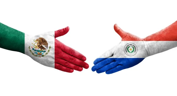 Apretón Manos Entre Paraguay México Banderas Pintadas Las Manos Imagen —  Fotos de Stock