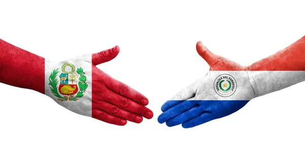 Handdruk Tussen Paraguay Peru Vlaggen Geschilderd Handen Geïsoleerd Transparant Beeld — Stockfoto