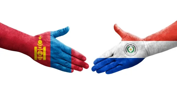 Рукостискання Між Прапорами Парагваю Монголії Намальоване Руках Ізольоване Прозоре Зображення — стокове фото