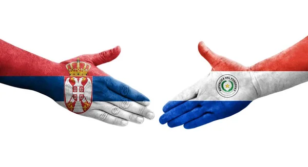 Mano Apretada Entre Paraguay Serbia Banderas Pintadas Las Manos Imagen — Foto de Stock