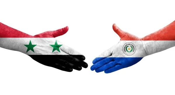 Handshake Paraguay Syria Flags Painted Hands Isolated Transparent Image — Stock Photo, Image