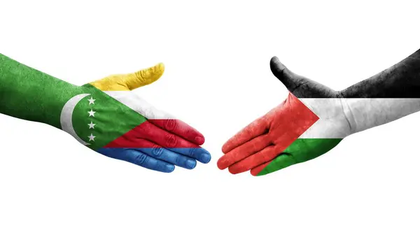 Stretta Mano Tra Palestina Comore Bandiere Dipinte Mani Immagine Isolata — Foto Stock