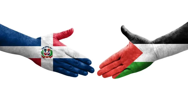 Handshake Entre Palestina República Dominicana Bandeiras Pintadas Mãos Imagem Transparente — Fotografia de Stock
