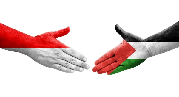 Handshake Palestine Indonesia Flags Painted Hands Isolated Transparent Image — Stock Photo, Image