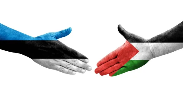 Aperto Mão Entre Palestina Estónia Bandeiras Pintadas Mãos Imagem Transparente — Fotografia de Stock