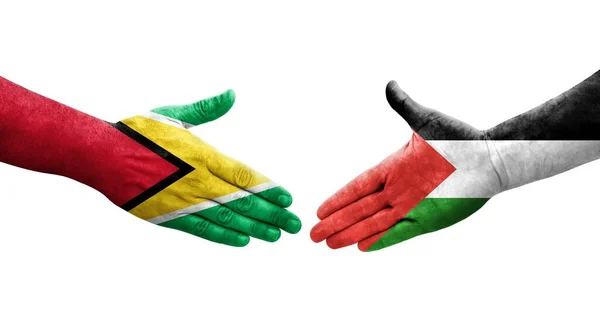 Handslag Mellan Palestina Och Guyana Flaggor Målade Händer Isolerad Transparent — Stockfoto