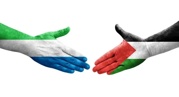 Aperto Mão Entre Palestina Serra Leoa Bandeiras Pintadas Mãos Imagem — Fotografia de Stock